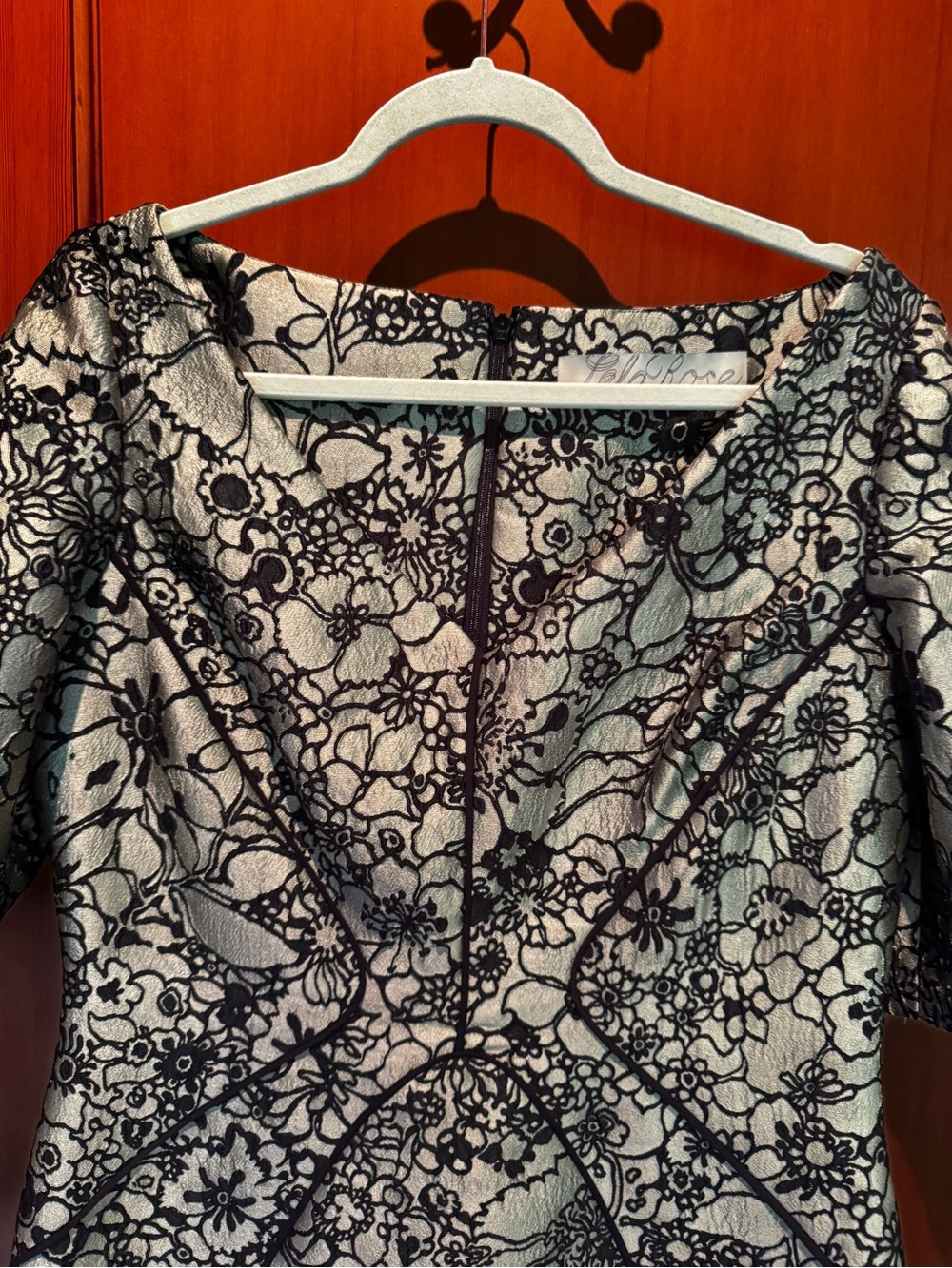 Lela Rose Silver and Black Floral Lace-Overlay Midi Dress